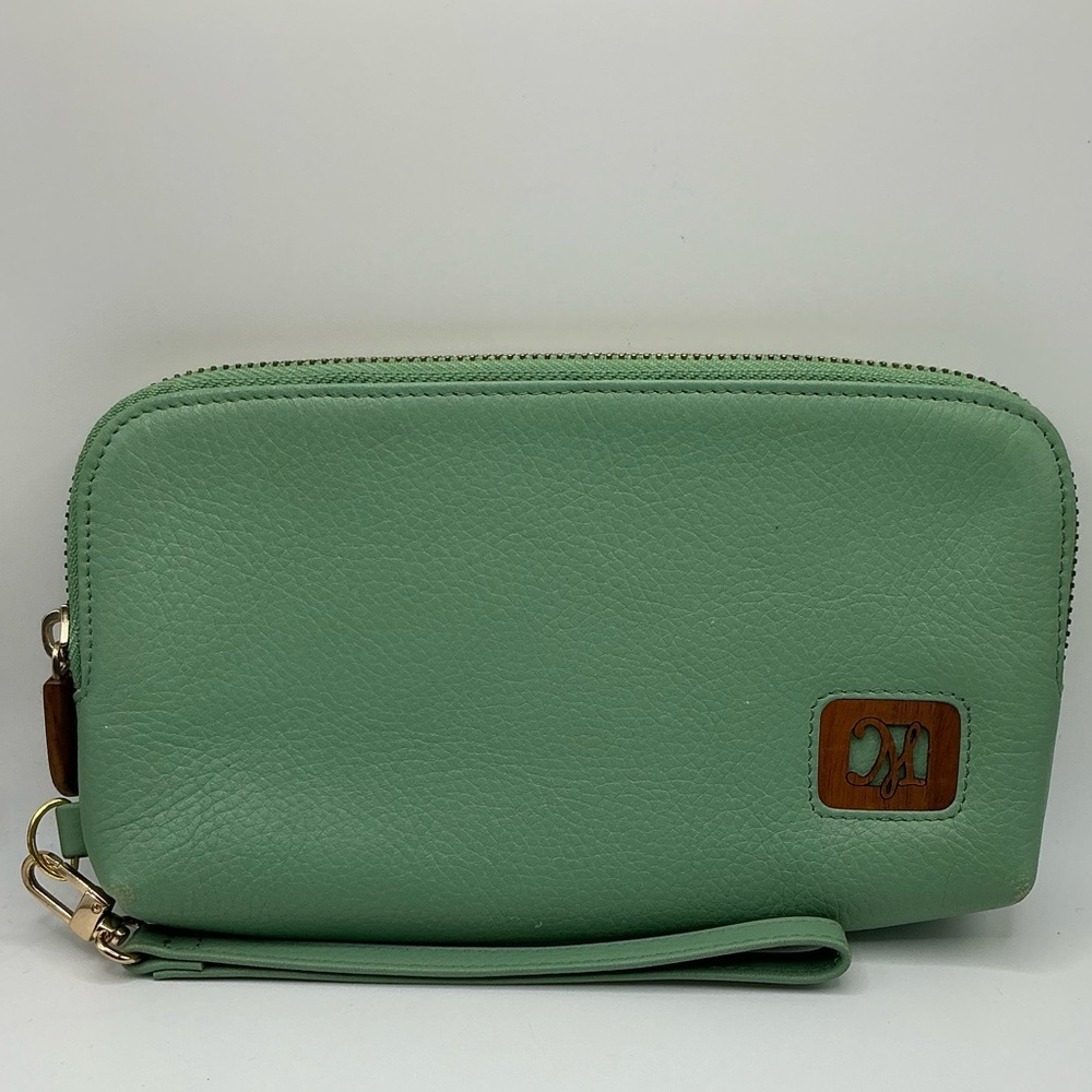 A Rare Martin and MacArthur teal made in Hawaii Koa/Leather Zip Wristlet